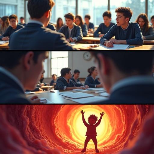 Storyboard with four panels depicting a university exam hall filled with students focused on their papers. Close-up of a student whose stomach growls interrupting the silence, evoking surprise. A surreal view inside the student’s stomach showcasing a colorful fantasy world with a mini version of the student energetically declaring love for food. Transition to an appealing food package with a tagline promoting awareness of keeping nourished during exams.