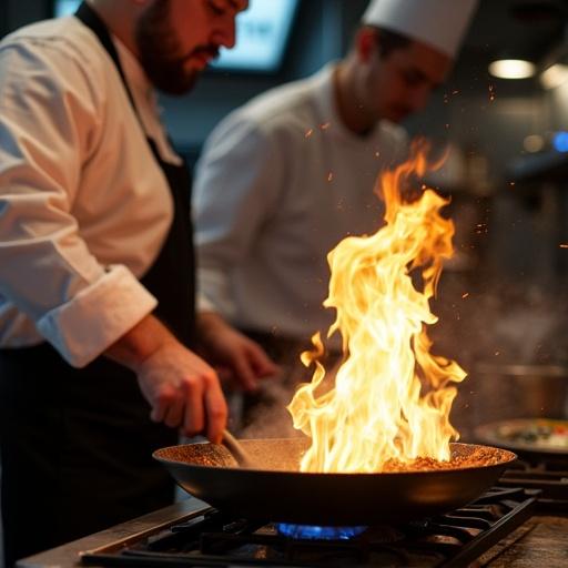 Chef flipping a sizzling pan in a professional kitchen. Flames erupt from the pan, highlighting the cooking action. Two chefs are visible, actively engaged in food preparation.