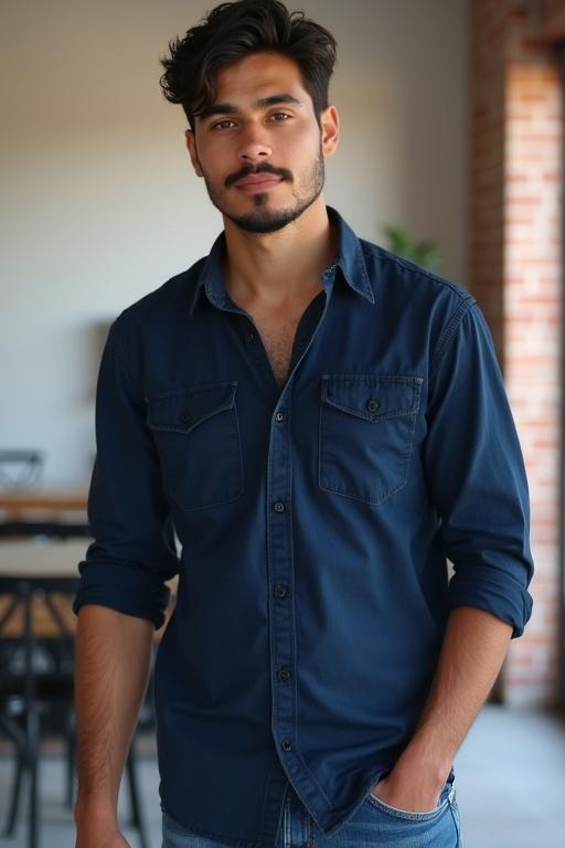 Photograph of a young Mexican man with a small mustache and goatee standing indoors. He wears a dark blue shirt and Ariat jeans, exuding a confident demeanor.