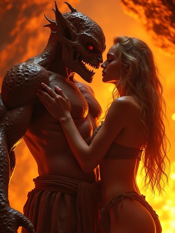A close-up photo from below view. A warrior girl with flowing gold hair gently caresses the face of a towering scary golem. She has a tattered loincloth. They are in a glowing lava cave. Their eyes are locked in mutual affection. Firelight flickers on stone walls. The tones are warm red and orange.