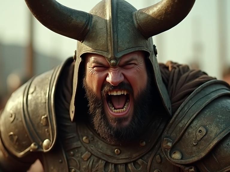 Extreme close-up of a Philistine warrior face. Warrior wears bronze armor and a large horned helmet. Expression shows rage and ferocity. Camera shakes to emphasize impact. Cinematic and realistic.