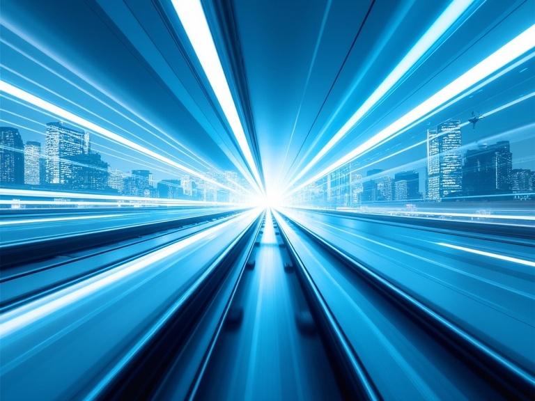 Abstract image depicting motion through a rail tunnel with a cityscape in the background. Blue and white colors dominate the scene. Bright light at the end of the tunnel creates a sense of speed and depth.