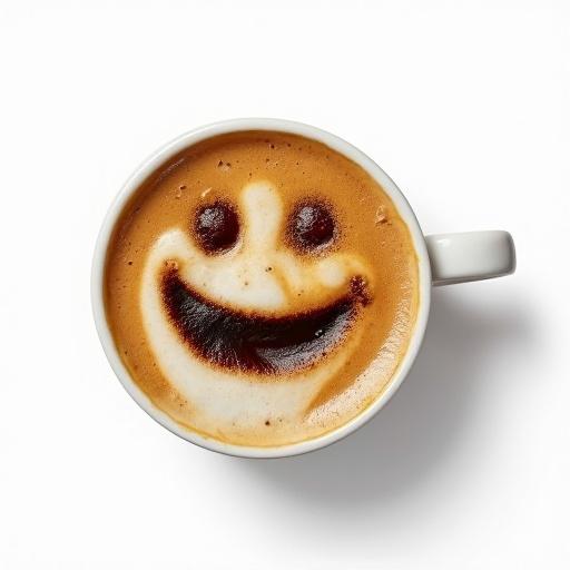 Mug of coffee viewed from above. Coffee foam resembles a fuzzy smiling face. Set against a white background.