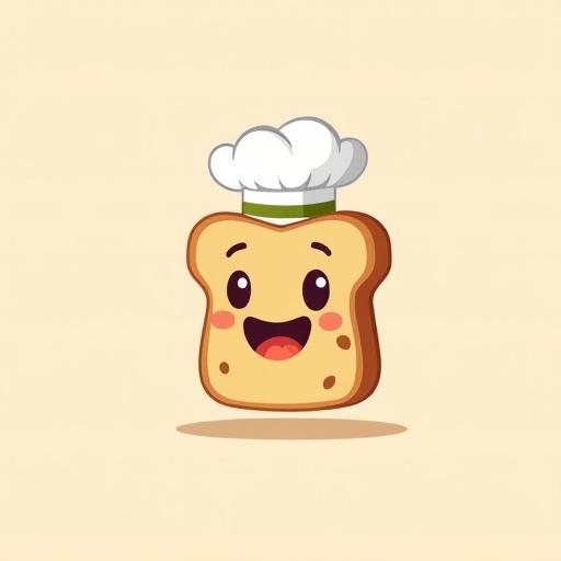 Create a modern bakery mascot. Use a flat-style design. A loaf of bread with a chef's hat. Character has big eyes and a smile. Use creamy-beige and dark-brown colors. Design suitable for various applications.