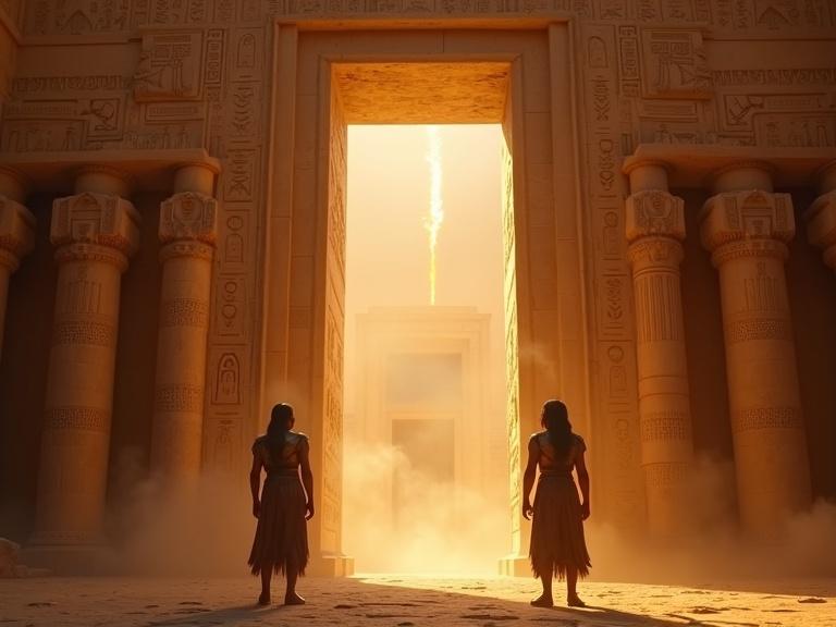 Medium shot of large stone temple gates progressively opening. The surface features glowing hieroglyphs under torchlight. Two guards in intricate bronze armor and leather skirts stand at the entrance, motionless. Dust and smoke swirl around. Column tops are adorned with lotus designs. Overall atmosphere aligns with Exodus aesthetic.
