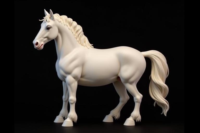 White horse with a white or light cream mane and tail. Background is solid black with a Disney theme. Horse stands calmly with a muscular build.