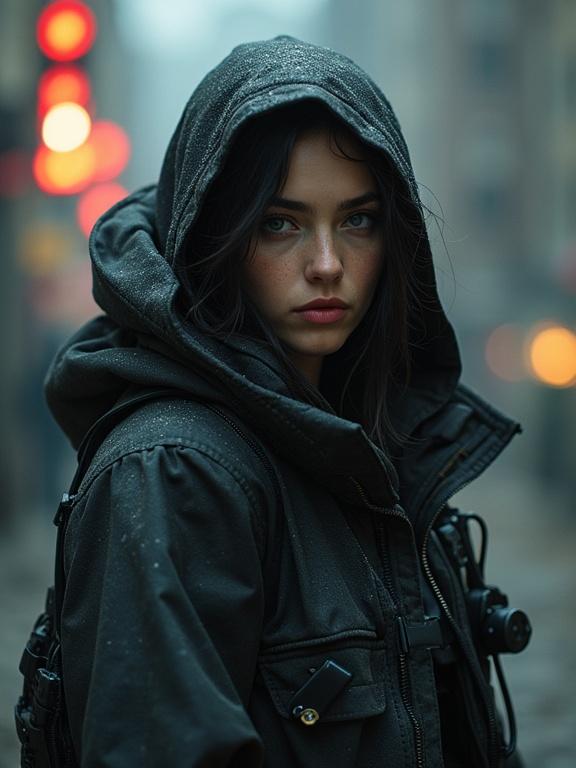 Full body portrait of a young woman in a cyberpunk setting. She has a hoody and a focused expression. She is armed with a custom M4. The woman appears rebellious with dark eye makeup. Futuristic clothing and biomechanical enhancements are visible. The background suggests a city setting that fits the cyberpunk theme. Intricate details in high resolution.