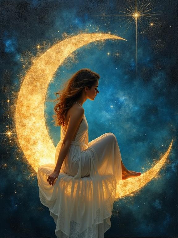 A delicate woman sits gracefully on a crescent moon. The scene is set against a dynamic nebula background, with a highly textured and dreamy effect featuring gold leaf highlights. The atmosphere is ethereal.