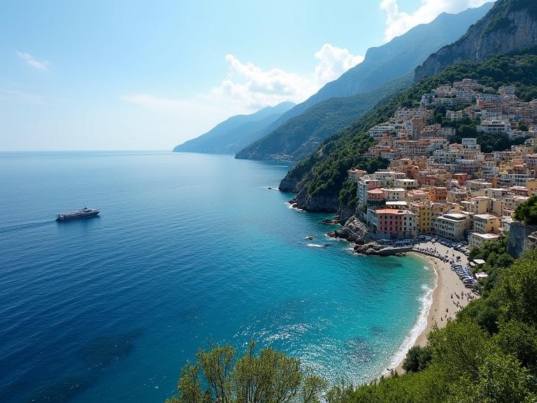 Photographic realistic image of Sorrento and Amalfi coast. Depicts Capri Island and the beautiful coastline. Features colorful buildings on a hill and a tranquil blue sea.