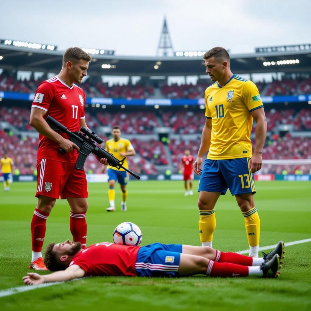 Men in football kits stand on a pitch. One man lies on the ground. Machine guns are present. A tense moment between the teams. Warfare context in the sports setting. Unusual football imagery. Surrounding crowd adds to the scene.