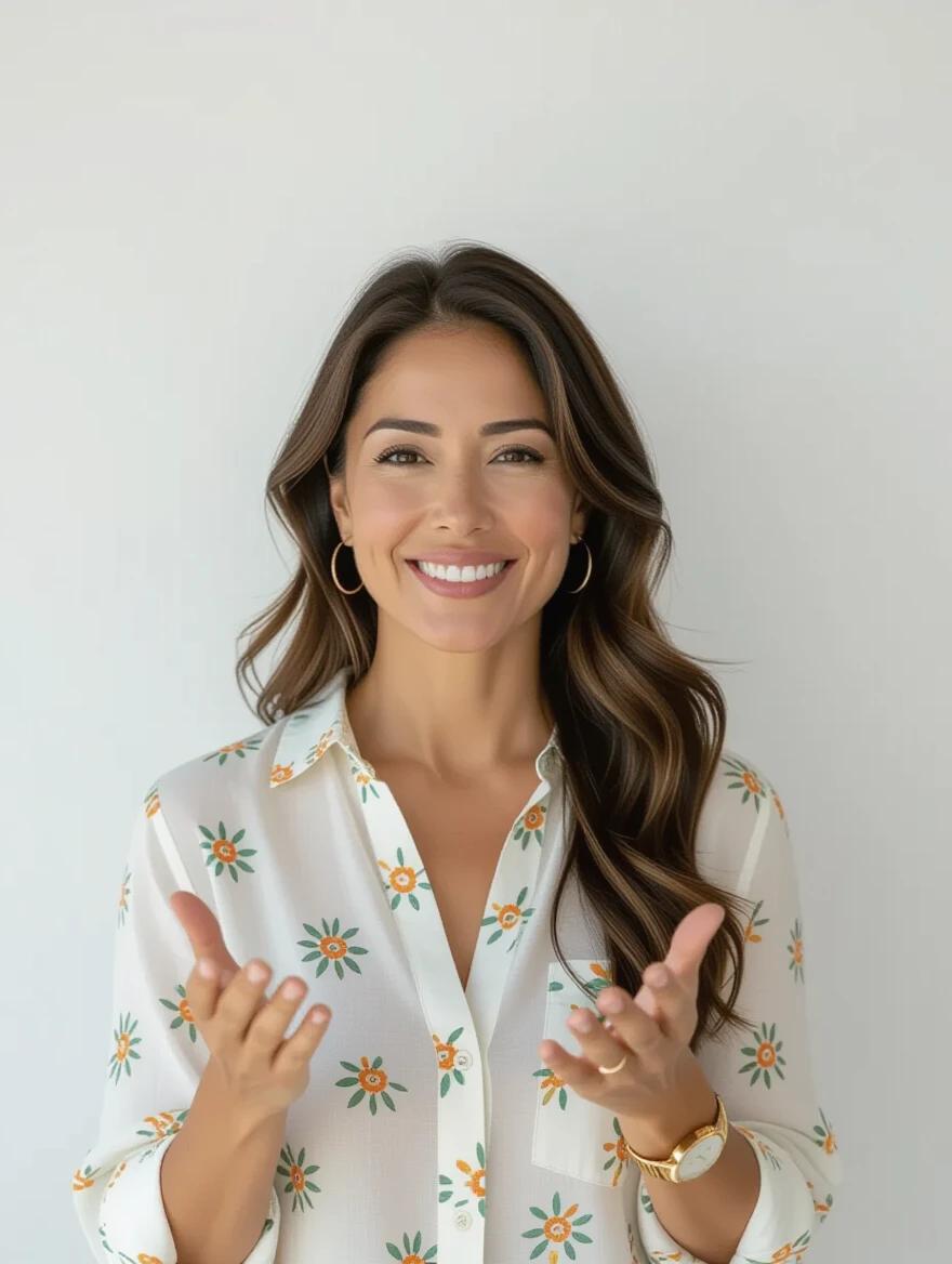 Portrait of a woman seen from the front wearing a casual spring-inspired outfit. The woman is demonstrating a speaking gesture with her hands. She is styled with loose, wavy hair and is wearing a floral-patterned blouse. The background is plain and light-colored for focus on the subject.