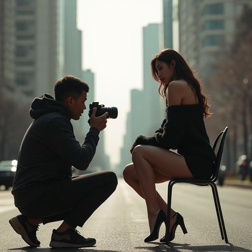 Cinematic photo shoot in a busy street of Indonesia featuring male photographer in hoodie using DSLR camera. Stylish woman wearing oversized deep cut bareback sweater and high heels is sitting on a steel street chair. Bright daylight with tall buildings in the background creating bokeh effect. Dramatic atmosphere represents a professional fashion shoot vibe.