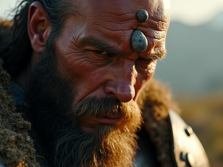 Close-up of a warrior giant's forehead as a small stone impacts and breaks the skin. Photographed with a cinematic approach using 35mm film. Realistic style with natural light and intricate details.