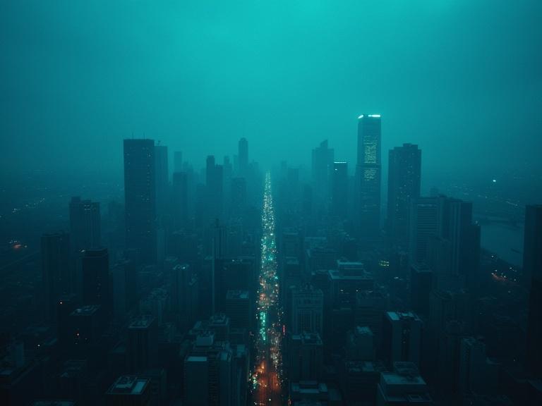 Aerial view of a city under a dark blue vintage CRT filter. The skyline features tall buildings and a main street illuminated by lights. The atmosphere is moody and futuristic with fog effects.