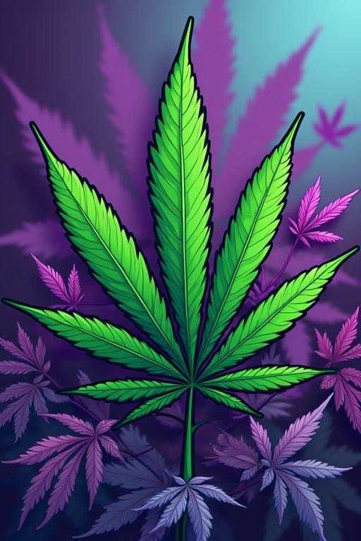 Cartoon cannabis leaf that's full and bright green with purple elements and a colorful background.