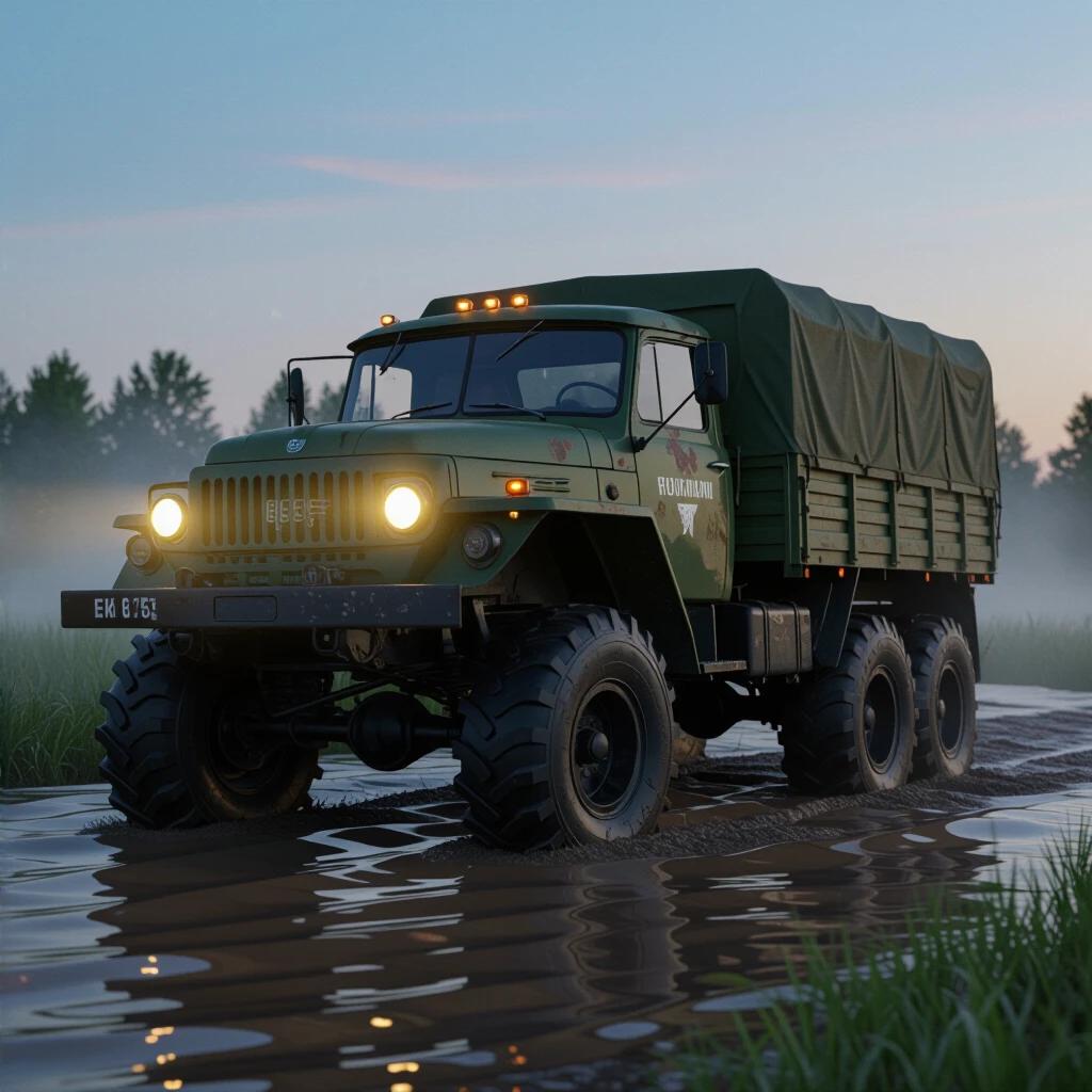 Detailed hyperrealistic depiction of a Soviet ZIL-157 military truck moving through a swampy terrain at dusk. Massive mud-covered tires creating splashes. Bright headlights piercing through thick fog. Visible rust streaks on the green paint and canvas flaps. Mood created by an abandoned frontline road and sounds of wilderness. Captured with a high-end camera emphasizing sharpness and texture.
