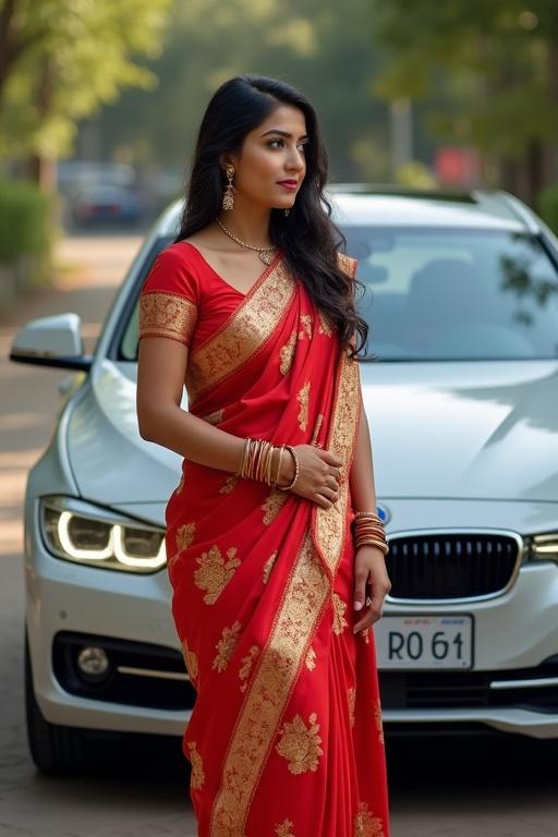 Indian woman dressed in a traditional saree. She stands with a BMW car. Captures elegance and style. Focus on attire and automobile.