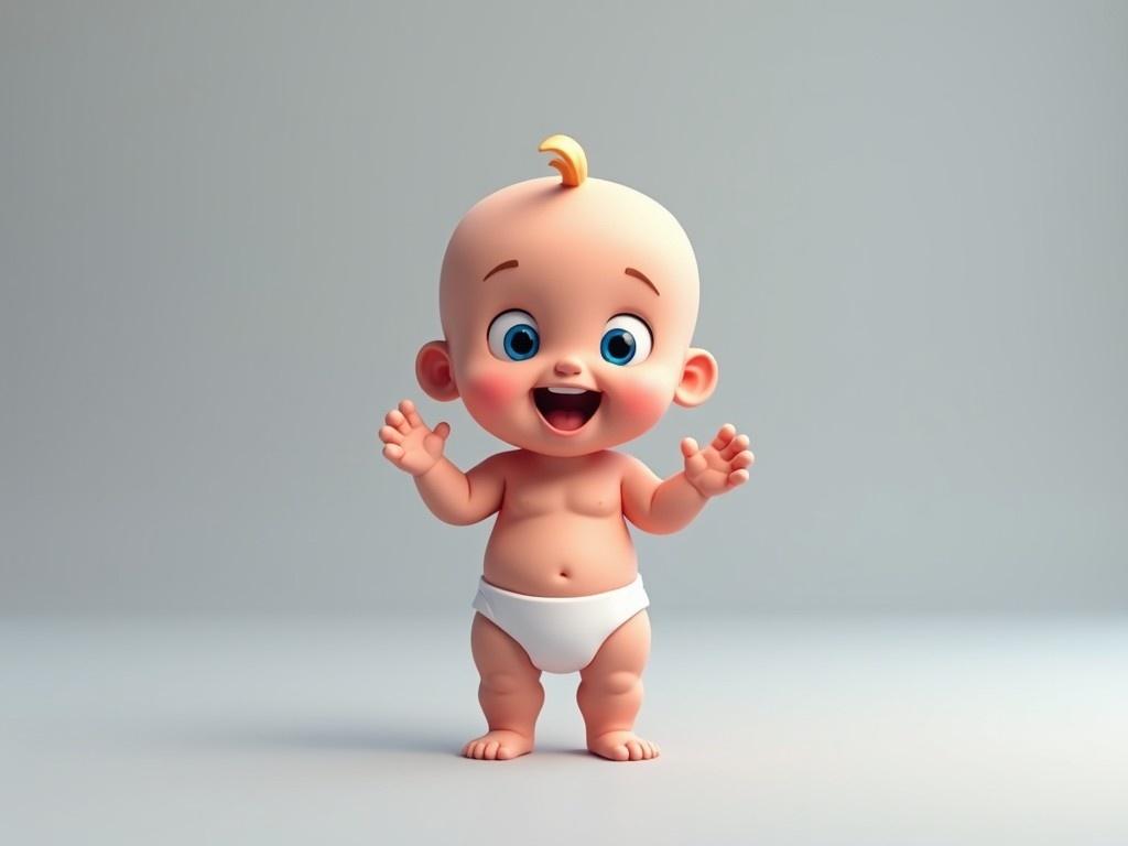 The image shows a small digital baby figure standing upright. The baby has a bald head and blue eyes, with a cute smile. It is wearing a simple white diaper. The baby seems to be in a playful pose, with arms raised slightly and hands open. The background is a soft gray color, creating a calm atmosphere.