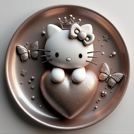 3D render of a decorative metal plate features a sculpted Hello Kitty on a plush heart with intricate bow and crown. Engraved butterflies and shimmering bubbles add detail. Soft diffused light highlights metallic textures.