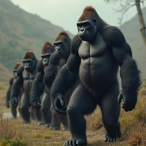 Group of gorillas walking in a row in a mountainous landscape with one prominent gorilla in front