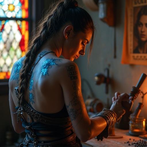 Full-body action shot of a mercenary sharpening her axe. Sharp focus on both glowing blue rune tattoos and nicks in blade. Cold dawn light through stained glass windows. Background has a blurry bounty poster. Character shows strength in pose.