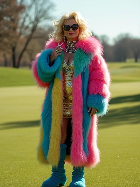 Individual in vibrant fur coat and shiny dress. Accessories include chunky jewelry and stylish boots. Smokes cigarette. Setting is sunny golf fairway.