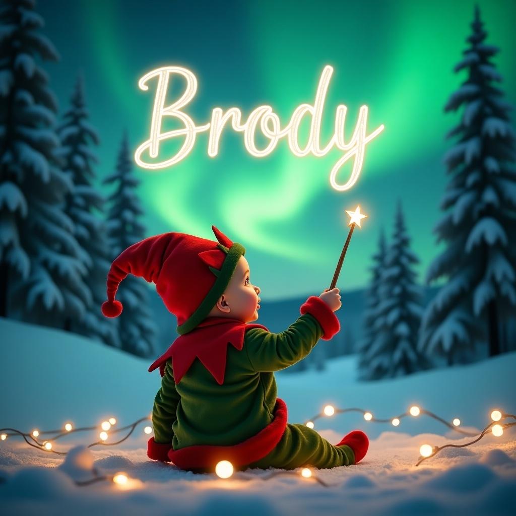 The scene portrays a baby dressed in a vibrant elf costume. The child is sitting with their back turned and holding a wand. They gaze upward, conjuring the name 'Brody' in glowing script above them. The background features beautiful northern lights in shades of green illuminating the snow-covered landscape. Soft twinkling lights enhance the cozy, festive feel. This enchanting atmosphere captures the magic of the holiday season.