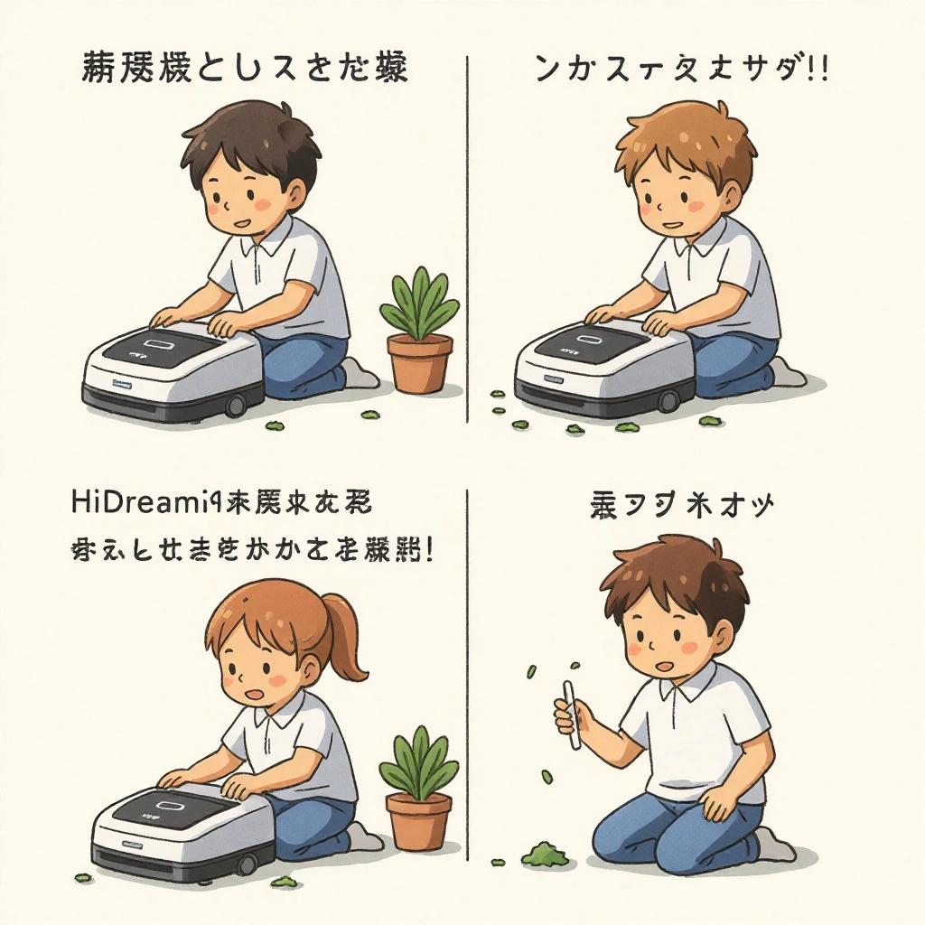 A four-panel comic featuring a male owner and a robot vacuum cleaner. The first panel shows the male activating the vacuum. The second panel depicts the vacuum enthusiastically cleaning. The third panel shows the vacuum energetically pursuing debris. The fourth panel reveals the exhausted vacuum in the middle of the room. Light-hearted dialogue accompanies the scenes.