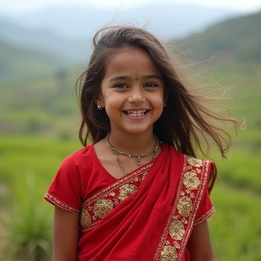 Capture a moment of joy with a young girl wearing a traditional red sari in Kailash hills. Her long hair flows in the wind against a soft, natural backdrop of green fields and distant hills.