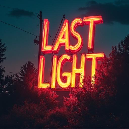 A hip hop album cover features a glowing neon sign saying Last Light by DJ Hoptronixx. The background displays a dusk sky with silhouettes of trees.