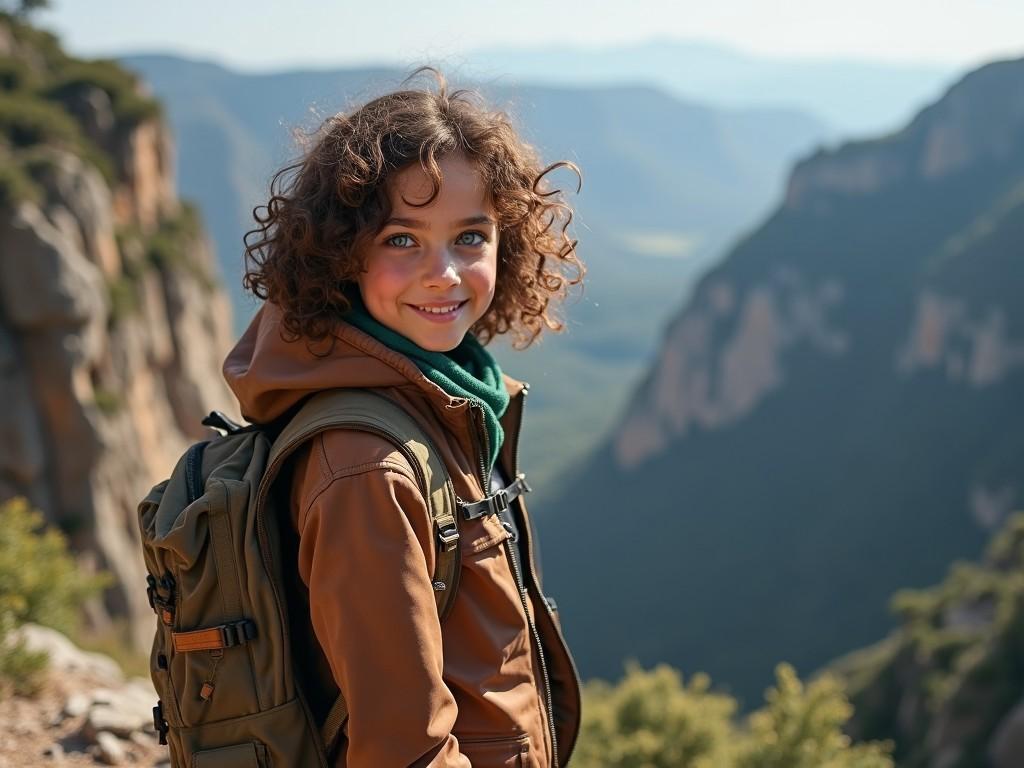 A child with curly hair, wearing a brown jacket and backpack, smiling in a scenic mountain landscape.