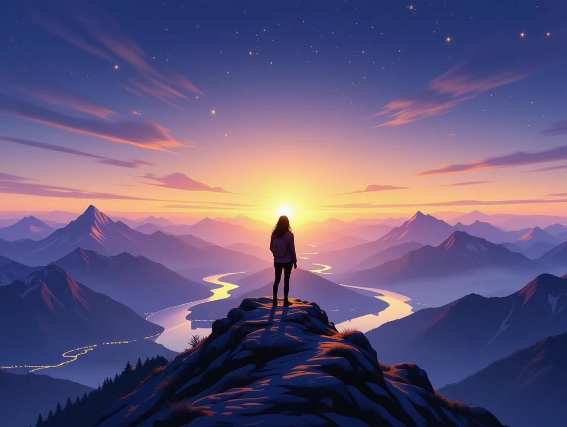 A woman stands at the peak of a tall mountain. She gazes over a scenic view. Mountains and rivers stretch into the distance. The sky glows with golden and violet colors. Stars twinkle above in the twilight.