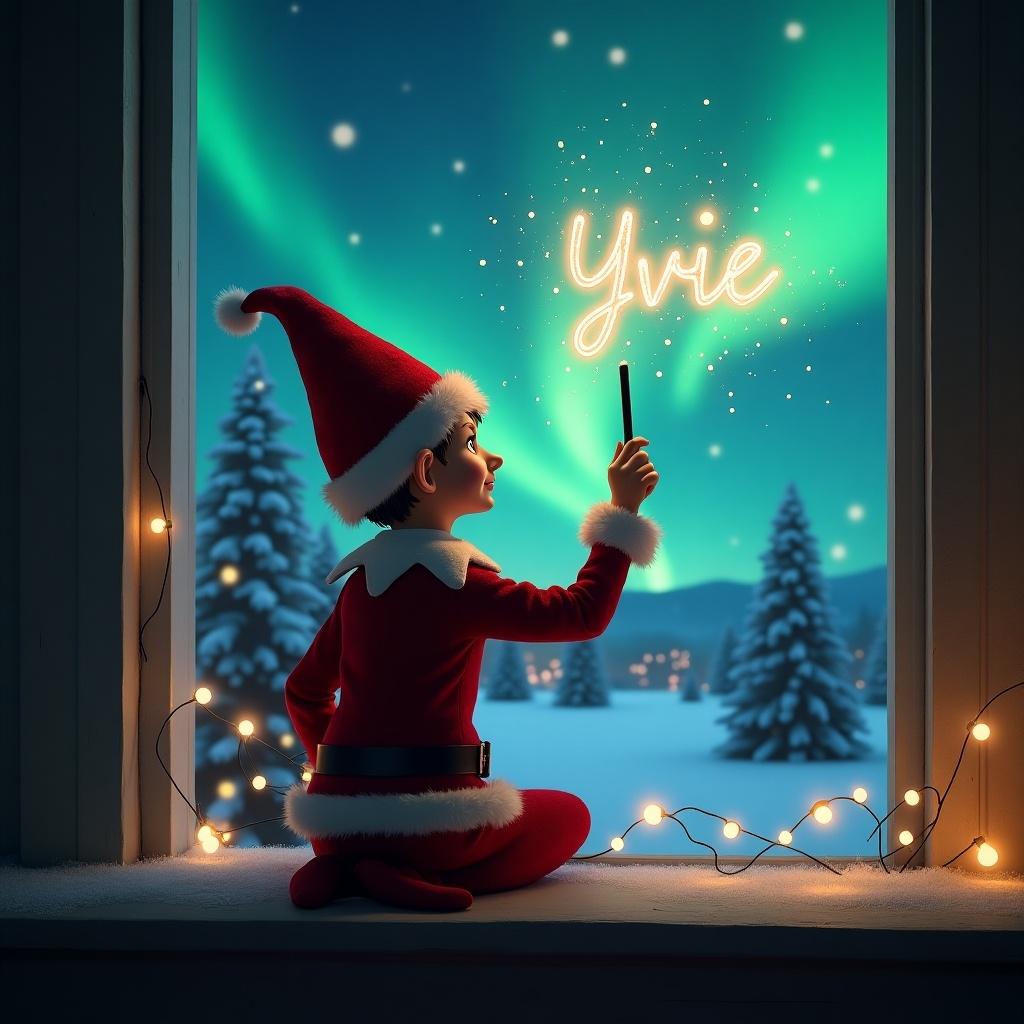 The image showcases an enchanting Christmas scene featuring an elf on the shelf. The elf is seated with their back to us, dressed in a festive red outfit with a pointy hat. They are using a wand to write the name 'Yvie' in glowing letters against a beautiful backdrop of northern lights. The window is framed with twinkling fairy lights, creating a cozy atmosphere. Outside, a picturesque snowy landscape is visible, with Christmas trees and a hint of Santa Claus in the distance.