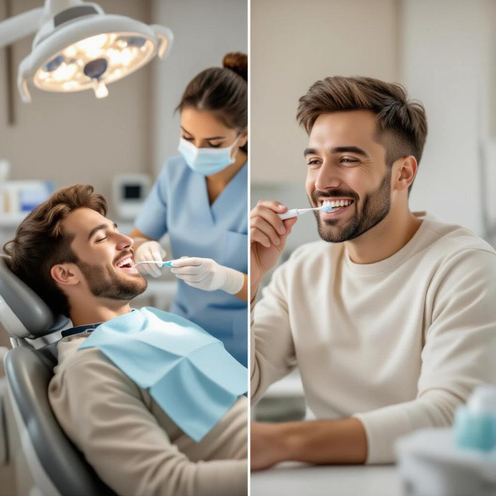 Split image displaying dental care experience. Left side shows dental patient receiving cleaning on dental bed. Right side features the same person brushing teeth in casual attire. Both scenarios emphasize dental health. 
