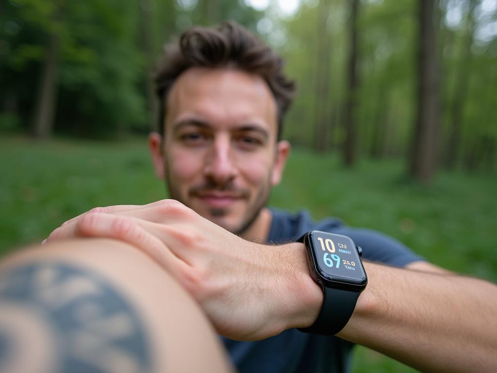 The image shows a person outdoors, capturing a selfie-style photo. The individual has a tattoo that is prominently displayed on their forearm. They are wearing a smartwatch on their wrist, which has a visible digital display showing various metrics. The background consists of greenery, indicating that they are in a natural environment, possibly in a park or forest. The lighting appears to be soft, suggesting it might be late afternoon or early evening.