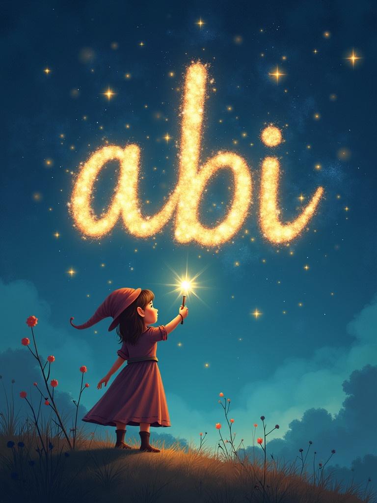 A girl elf creates sparkling letters in the sky. The name 'abi' glows. The scene is magical and whimsical. It invites viewers into a fantasy realm.