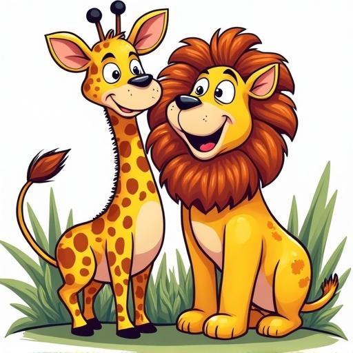 Cartoon couple of a giraffe and a lion. Thick outlines for a coloring book. Simple design, cute, uncolored. Background features grass. Title in Spanish: ¿QUIÉN NO ESTÁ EN EL SAFARI?
