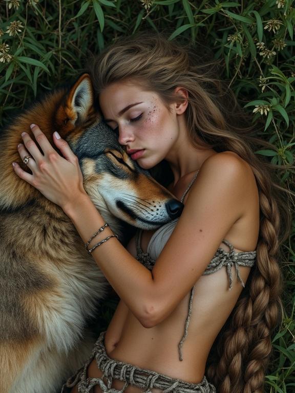 A young tribal huntress lies on the back of a large wolf in a meadow. She appears tired and injured, with long braided hair and a torn loincloth. The wolf leans into her embrace, showcasing its fearsome nature. The scene is surrounded by green foliage. The sunlight creates a cinematic atmosphere, highlighting her skin and the textures of the scene. Both subjects appear calm despite their battle-worn appearances.