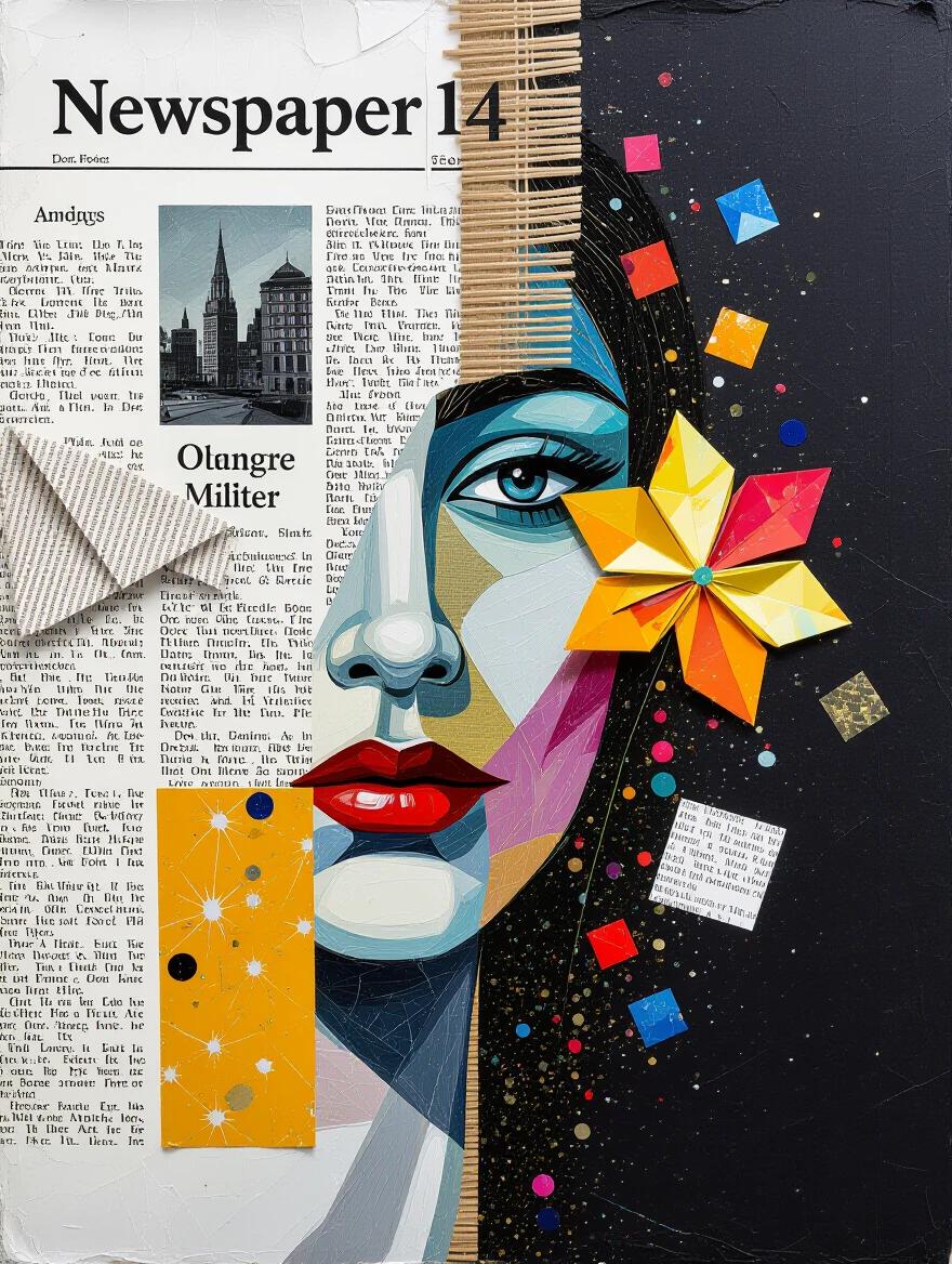 Oil painting featuring texture plays with newspaper and jute fibres. It showcases a mix of materials like wood and glittering confetti. Displays a hyperdetailed supermodel with colorful elements. Captivating composition with depth in 8k resolution.