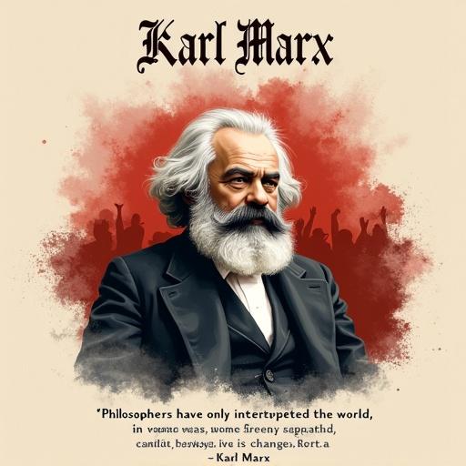 A4 inspirational poster featuring Karl Marx. Title in bold classic font. Center with an illustrated portrait of Marx with iconic beard. Minimalistic background with soft tones and revolutionary symbolism. Bottom quote in elegant italic font.