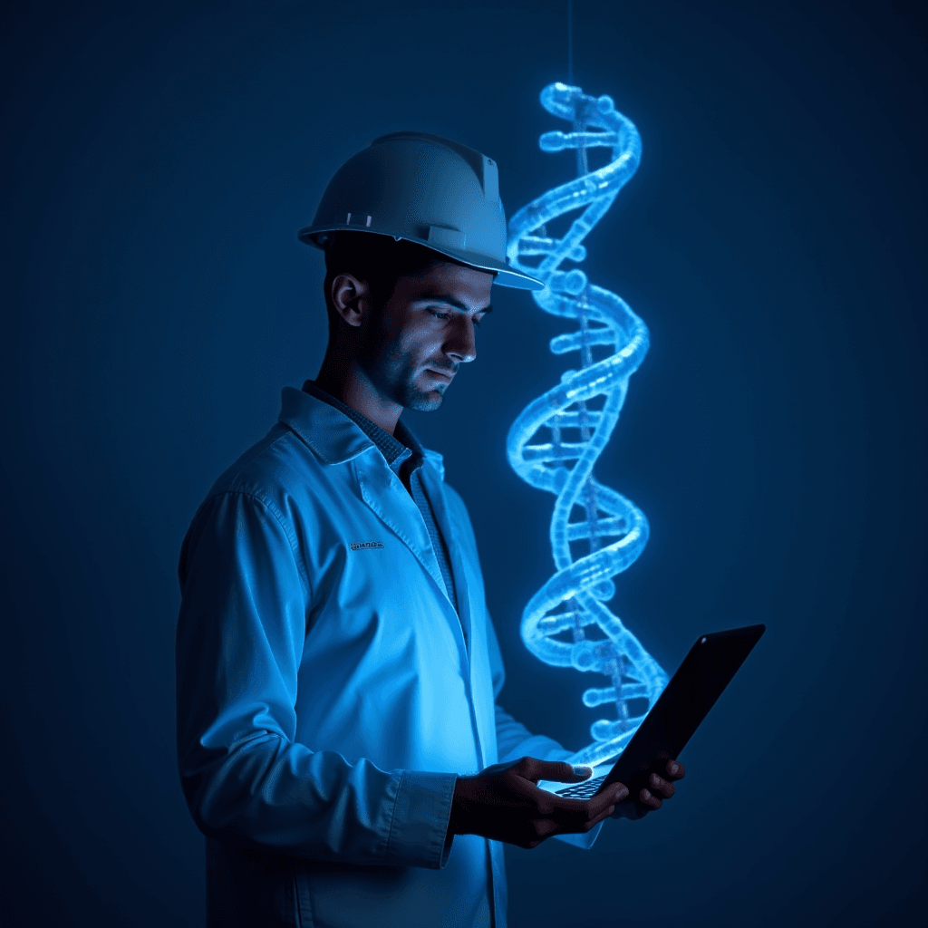 A man in a hard hat and lab coat holds a tablet, studying a glowing DNA helix.