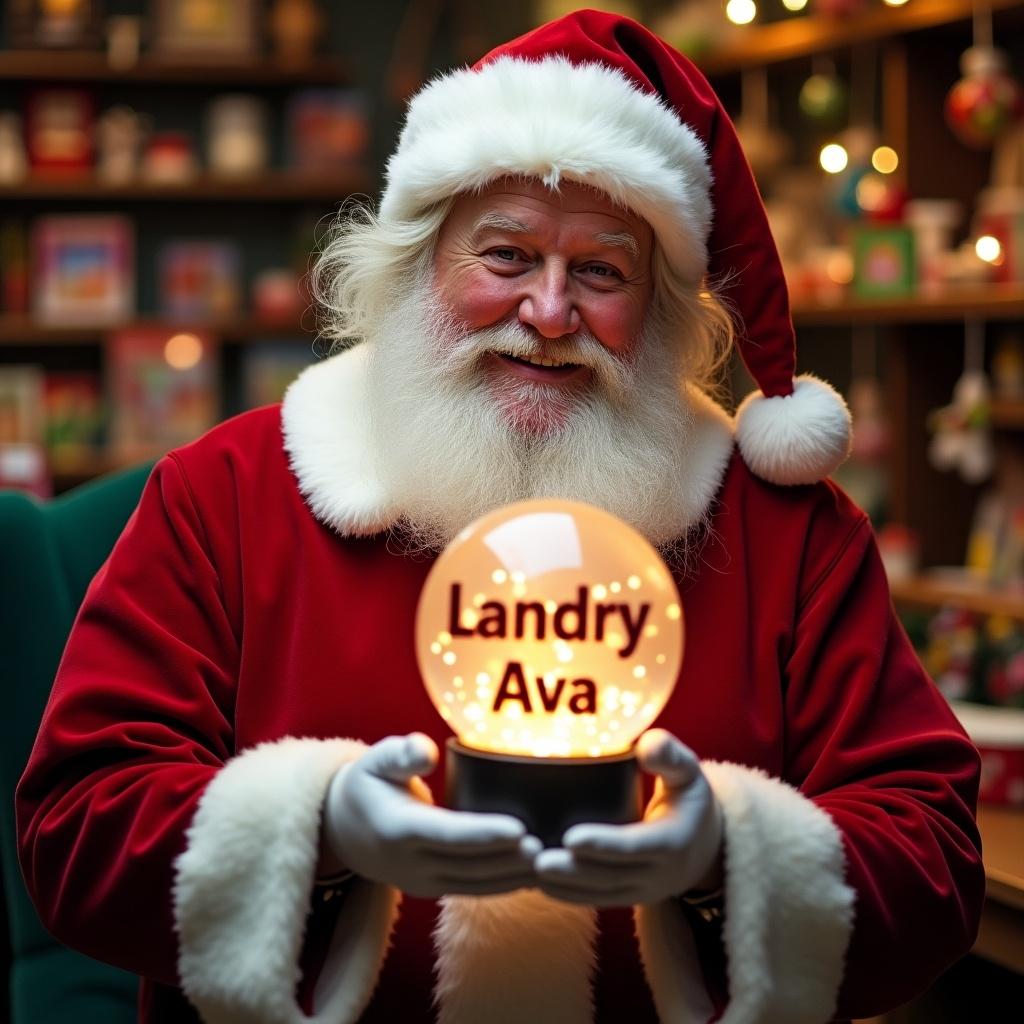 This image features Santa Claus, dressed in his classic red and white suit, embodying the spirit of Christmas. He is smiling joyfully while holding a snow globe that displays the names 'Landry' and 'Ava'. The warm and inviting atmosphere is enhanced by the backdrop of Santa's toy shop, filled with Christmas decorations. The soft glow from the snow globe adds to the festive charm of the scene. This picture captures the essence of joy and the magic of holiday celebrations, perfect for conveying warmth and cheer during the Christmas season.