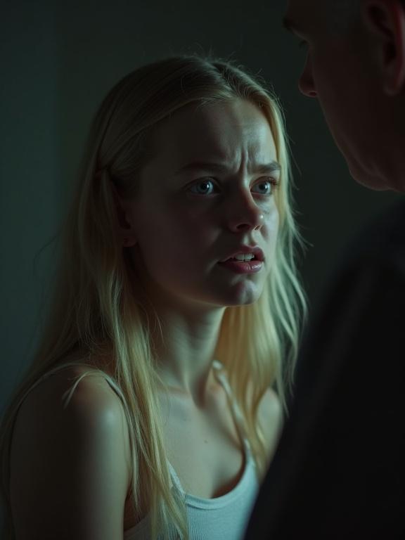 Color photograph with an analog feel showing a scared, tearful high school girl in a dark bedroom. She has light hair and appears angry, pouting, and wincing while arguing with a middle-aged man. The lighting is dark, emphasizing the emotional scene.