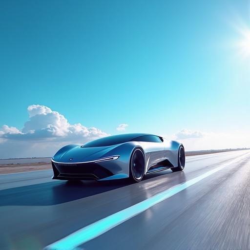 Futuristic vehicle drives on a runway. Car features sleek design and luxury details. Vivid blue sky with bright lighting enhances visual appeal.