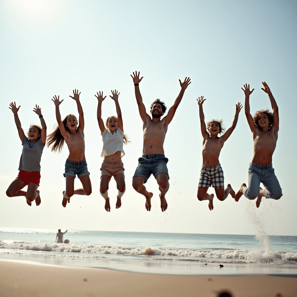 A group of people jump in unison with hands raised on a sunny beach.