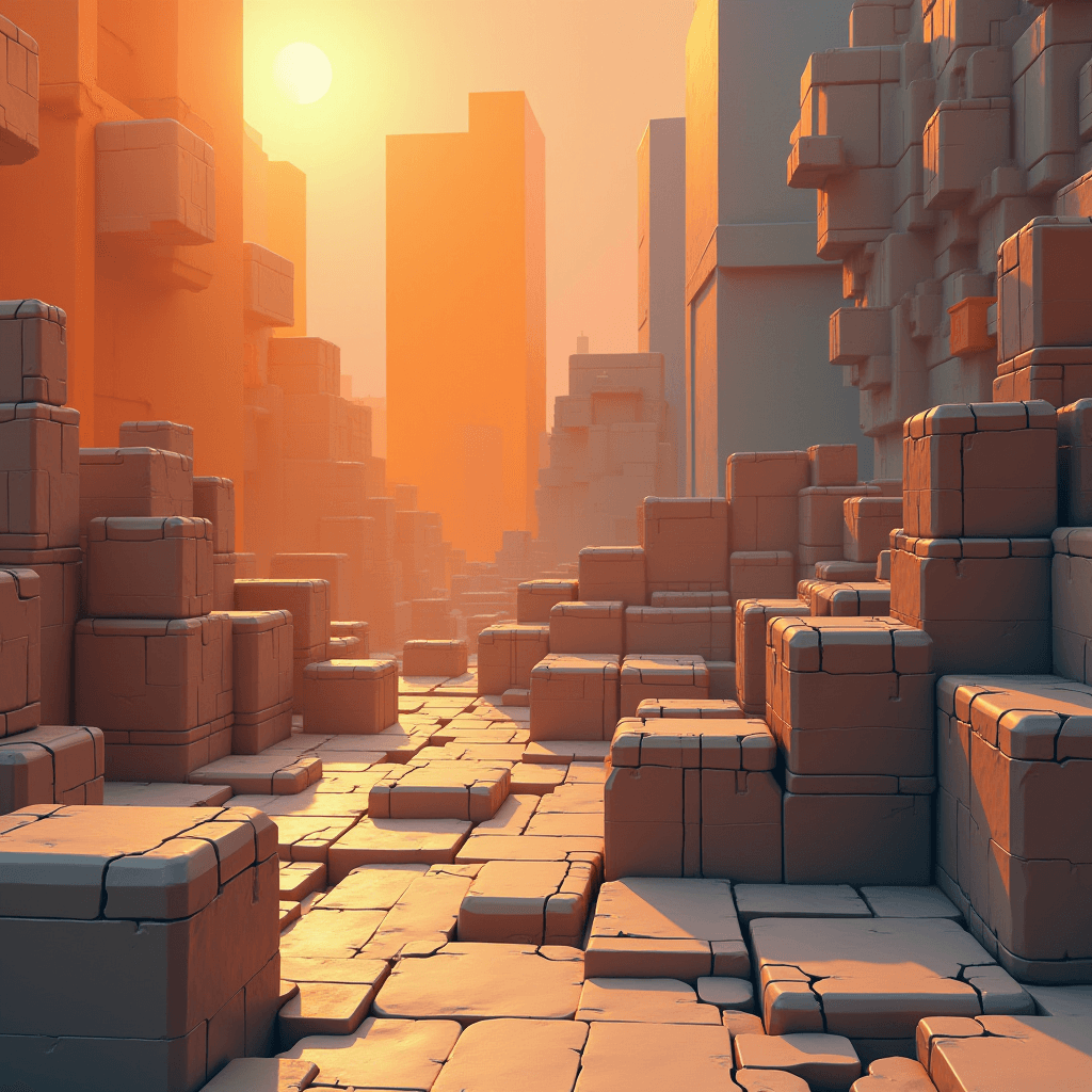 A cityscape of stacked geometric blocks bathed in the warm glow of a setting or rising sun, featuring cube-like structures casting long shadows.