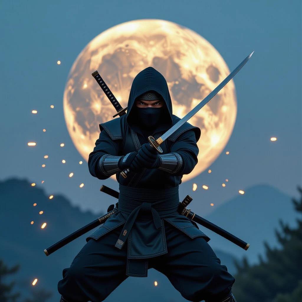 Ninja in a cotton and metal suit faces viewer. Visible eyes. Moon rises in background. Fighter stance above mountain. Deflecting shurikens with katana. Sparks from rebound. Four shurikens scattered in air. Detailed HD image. Dim backlight creates high contrast. Dynamic scene captured in photograph with realism.