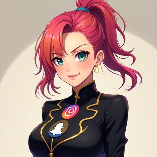 Young anime girl with angular face in energetic pose. Hair has gradients of social media colors. Face and neck fully covered with logos in a luxurious design. Wearing sleek black suit with gold trim. Dominant eyes with golden highlights.