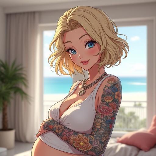 Anime style image of a woman 52 years old with frosted blue eyes and light blonde wavy hair. She is six months pregnant dressed in maternity streetwear in a luxurious modern nursery with twin baby cribs. colorful tattoos are visible. The scene is set in Miami during summer.