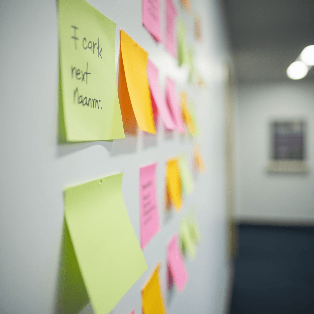 A wall covered with colorful sticky notes, each bearing handwritten ideas or reminders.